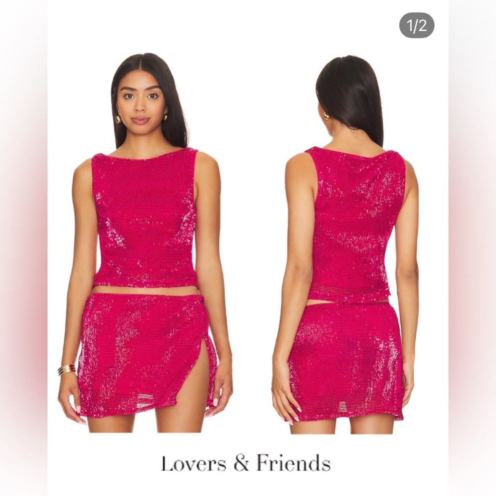 Lovers + Friends Hot Pink Sequin Two-Piece Skirt Set
